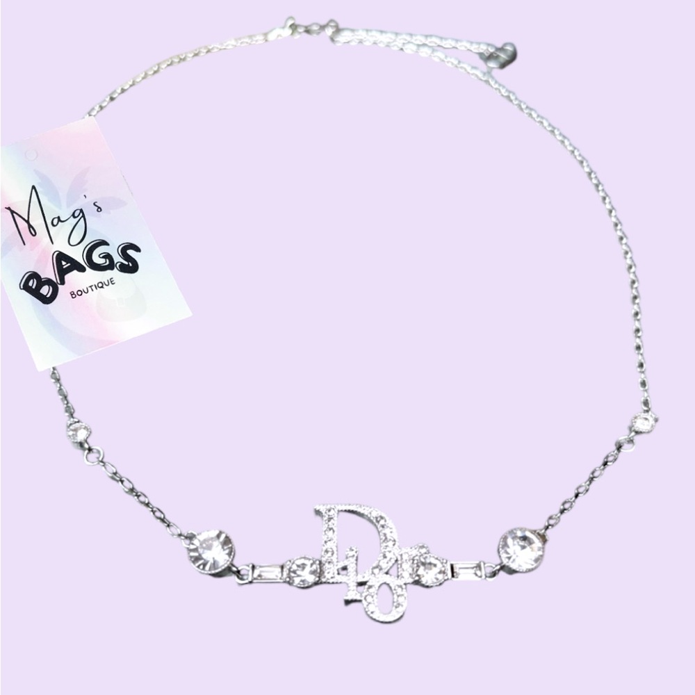 Dior: Crystal Logo Bar Rhinestone Silver Necklace - Picture 3 of 16